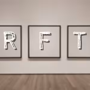 Three framed drawings with letters R, F, T