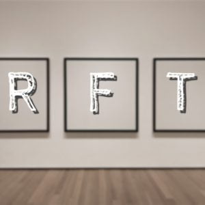 Three framed drawings with letters R, F, T
