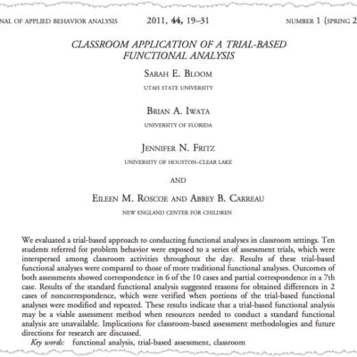 Journal article on trial-based functional analysis in classrooms.