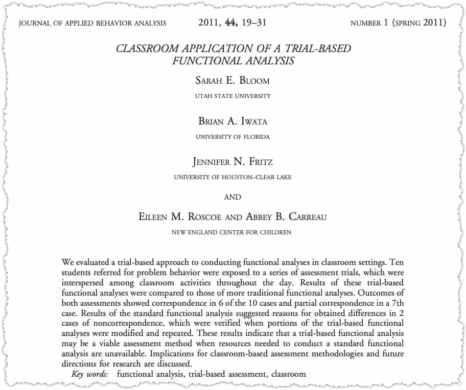 Journal article on trial-based functional analysis in classrooms.