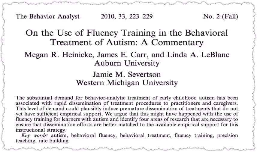 Journal article on fluency training in autism treatment.