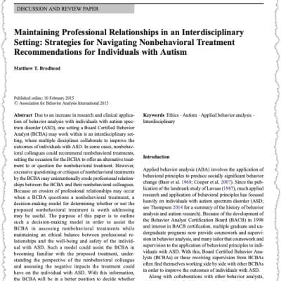 Article on professional relationships, autism, interdisciplinary strategies.