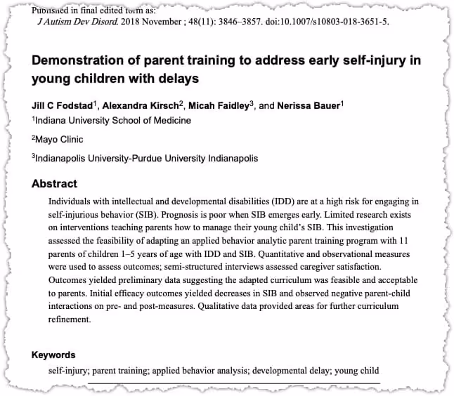 Parent training for children's early self-injury prevention study.