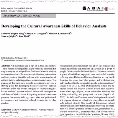 Article on cultural awareness in behavior analysis.