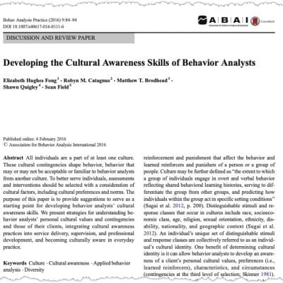 Article on cultural awareness in behavior analysis.