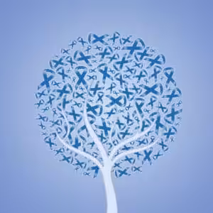 A white tree with branches forms a round shape filled with blue awareness ribbons against a light blue background. The blue ribbons symbolize support for causes like prostate cancer, child welfare, and maltreatment awareness.