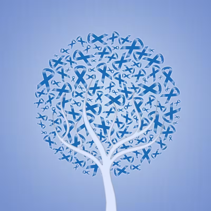 A white tree with branches forms a round shape filled with blue awareness ribbons against a light blue background. The blue ribbons symbolize support for causes like prostate cancer, child welfare, and maltreatment awareness.