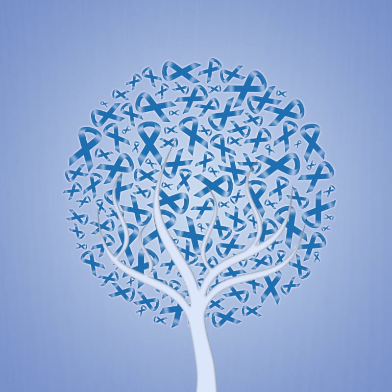 A white tree with branches forms a round shape filled with blue awareness ribbons against a light blue background. The blue ribbons symbolize support for causes like prostate cancer, child welfare, and maltreatment awareness.