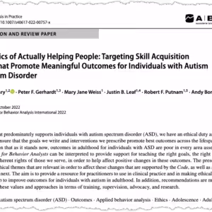 Screenshot of a research paper titled "The Ethics of Actually Helping People: Targeting Skill Acquisition Goals That Promote Meaningful Outcomes for Individuals with Autism Spectrum Disorder," with authors and abstract visible, focusing on autism and skill acquisition.