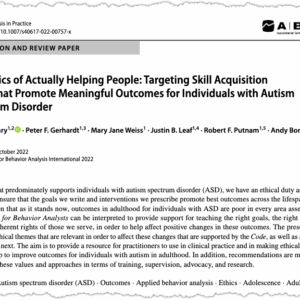 Screenshot of a research paper titled "The Ethics of Actually Helping People: Targeting Skill Acquisition Goals That Promote Meaningful Outcomes for Individuals with Autism Spectrum Disorder," with authors and abstract visible, focusing on autism and skill acquisition.