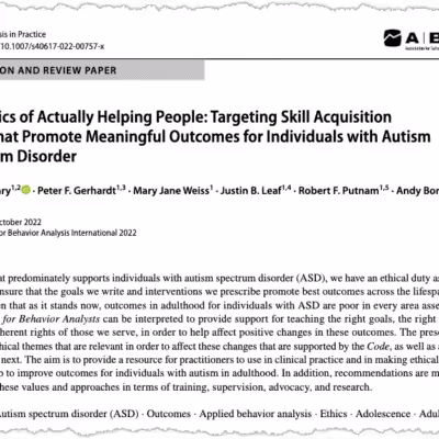 Screenshot of a research paper titled "The Ethics of Actually Helping People: Targeting Skill Acquisition Goals That Promote Meaningful Outcomes for Individuals with Autism Spectrum Disorder," with authors and abstract visible, focusing on autism and skill acquisition.
