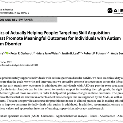 Screenshot of a research paper titled "The Ethics of Actually Helping People: Targeting Skill Acquisition Goals That Promote Meaningful Outcomes for Individuals with Autism Spectrum Disorder," with authors and abstract visible, focusing on autism and skill acquisition.