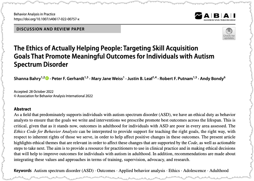 Screenshot of a research paper titled "The Ethics of Actually Helping People: Targeting Skill Acquisition Goals That Promote Meaningful Outcomes for Individuals with Autism Spectrum Disorder," with authors and abstract visible, focusing on autism and skill acquisition.