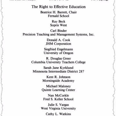 A journal page titled "The Right to Effective Education" lists the article's authors and their affiliations, including universities and research centers, under the publication "The Behavior Analyst," 1991, Vol. 14, No. 1.