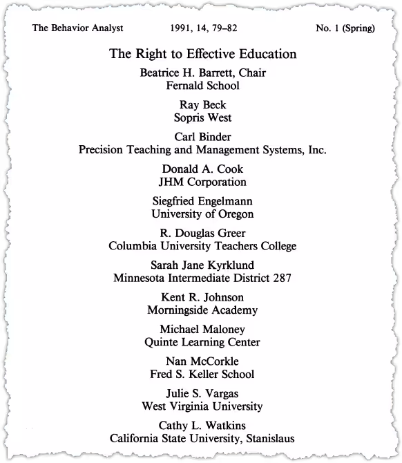 A journal page titled "The Right to Effective Education" lists the article's authors and their affiliations, including universities and research centers, under the publication "The Behavior Analyst," 1991, Vol. 14, No. 1.