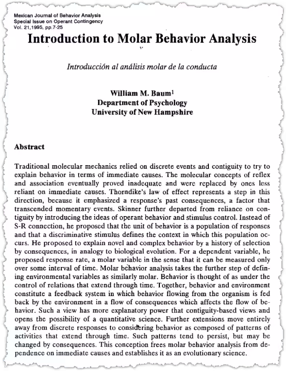 A journal article titled "Introduction to Molar Behavior Analysis" by William M. Baum, Department of Psychology, University of New Hampshire, with an abstract discussing traditional and molar approaches in behavior analysis.