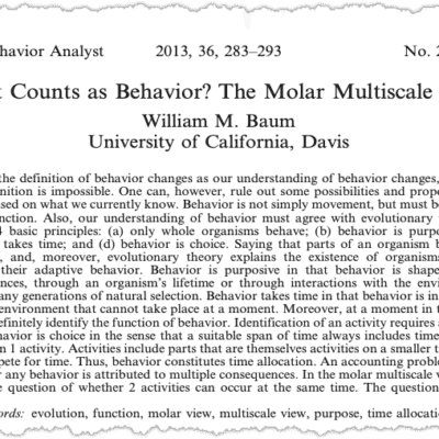 A scholarly article titled "What Counts as Behavior? The Molar Multiscale View" by William M. Baum explores the behavior definition and key aspects of behavior analysis, published in The Behavior Analyst, 2013, University of California, Davis.