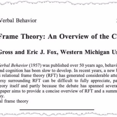 A scholarly article titled "Relational Frame Theory: An Overview of the Controversy" by Amy C. Gross and Eric J. Fox from Western Michigan University, published in "The Analysis of Verbal Behavior" in 2009.