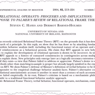 A journal article titled "Relational Operants: Processes and Implications: A Response to Palmer’s Review of Relational Frame Theory" by Steven C. Hayes and Dermot Barnes-Holmes, featuring an abstract about behavioral processes.