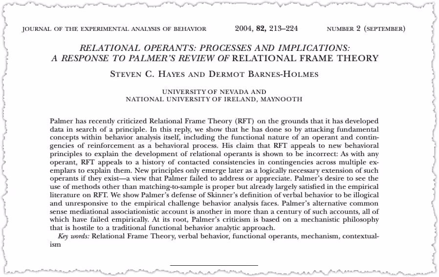 A journal article titled "Relational Operants: Processes and Implications: A Response to Palmer’s Review of Relational Frame Theory" by Steven C. Hayes and Dermot Barnes-Holmes, featuring an abstract about behavioral processes.