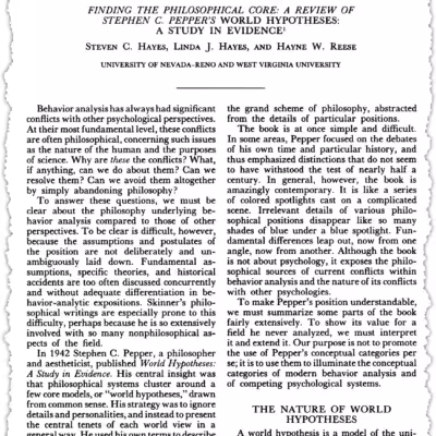 A scanned academic journal article titled "Finding the Philosophical Core: A Review of Stephen C. Pepper’s World Hypothesis: A Study in Evidence" explores Pepper's influential world hypothesis in one densely written column.