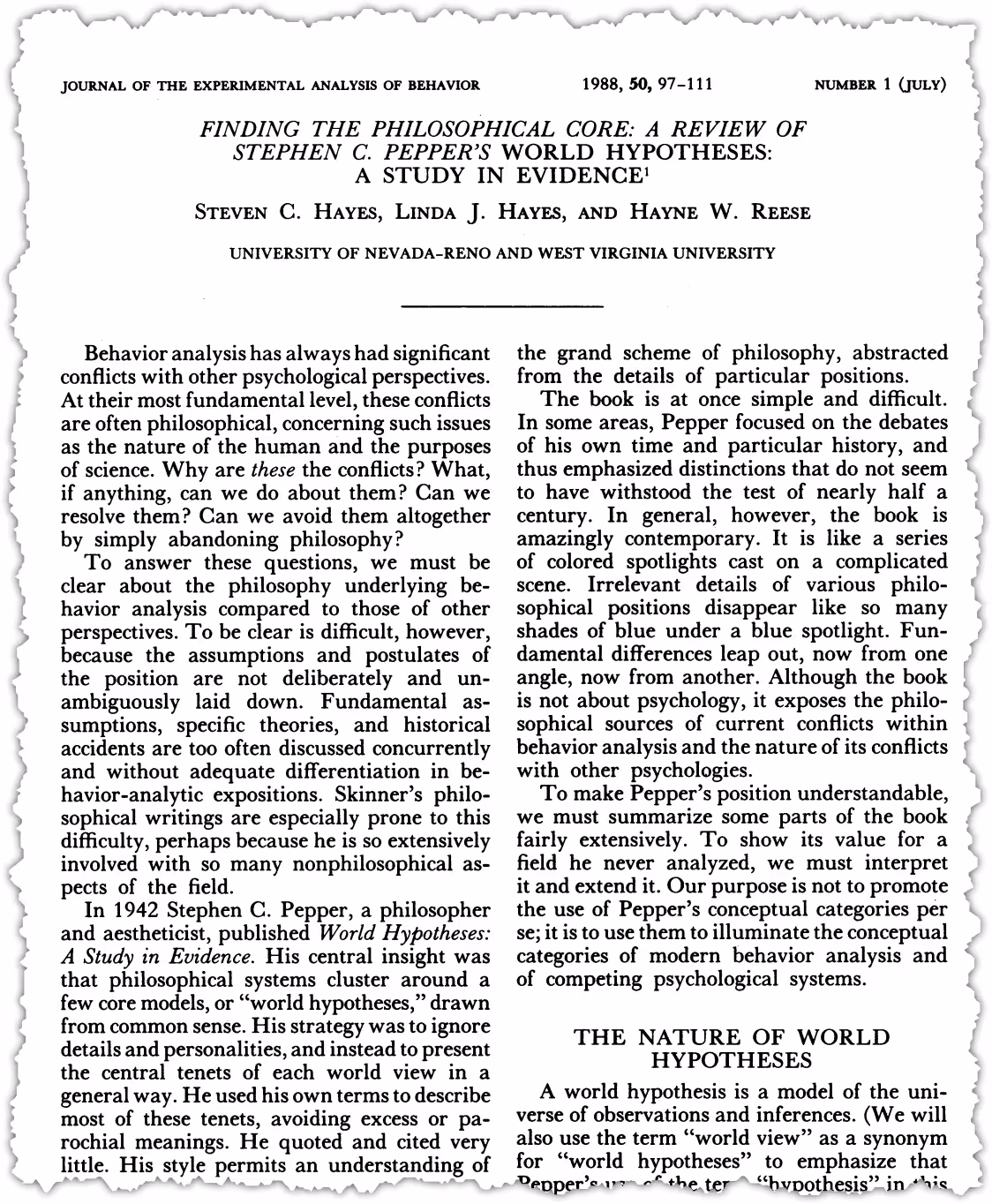 A scanned academic journal article titled "Finding the Philosophical Core: A Review of Stephen C. Pepper’s World Hypothesis: A Study in Evidence" explores Pepper's influential world hypothesis in one densely written column.