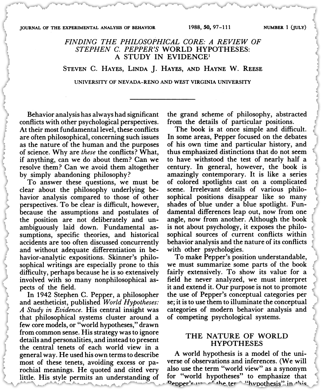 A scanned academic journal article titled "Finding the Philosophical Core: A Review of Stephen C. Pepper’s World Hypothesis: A Study in Evidence" explores Pepper's influential world hypothesis in one densely written column.