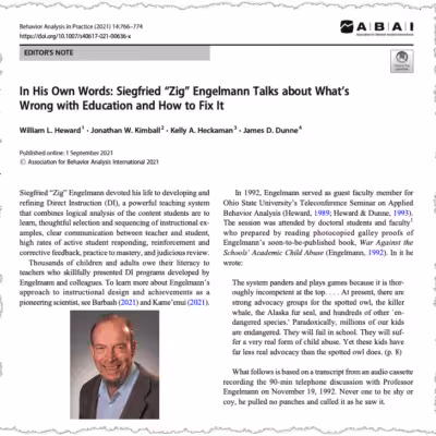 Screenshot of an academic article titled "In His Own Words: Siegfried Engelmann Talks about What’s Wrong with Education and How to Fix It," featuring text and a photo of Siegfried Engelmann, an older man in a suit smiling.