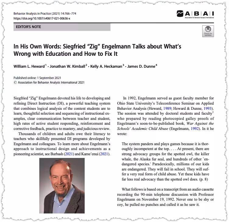 Screenshot of an academic article titled "In His Own Words: Siegfried Engelmann Talks about What’s Wrong with Education and How to Fix It," featuring text and a photo of Siegfried Engelmann, an older man in a suit smiling.