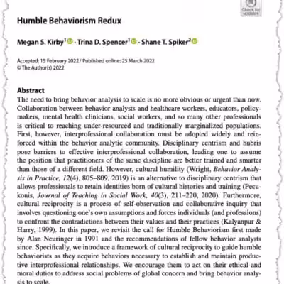 A journal article titled "Humble Behaviorism Redux" by Megan S. Kirby, Trina D. Spencer, and Shane T. Spiker, with the abstract discussing the importance of collaboration in behavior analysis and humility.