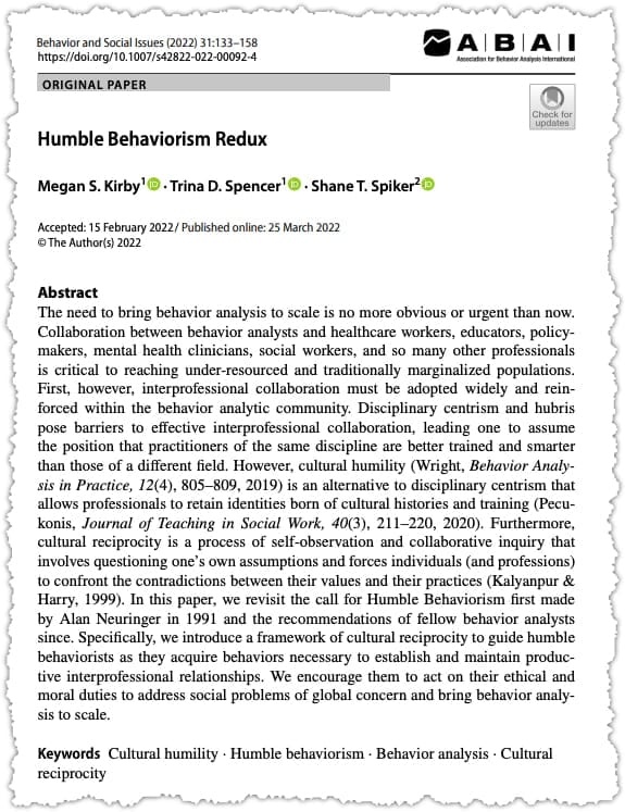 A journal article titled "Humble Behaviorism Redux" by Megan S. Kirby, Trina D. Spencer, and Shane T. Spiker, with the abstract discussing the importance of collaboration in behavior analysis and humility.