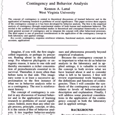 A scanned academic article titled "Contingency and Behavior Analysis" by Kennon A. Lattal, West Virginia University, from The Behavior Analyst (1995), featuring an introduction and the first paragraph of the background section on contingency in behavior analysis.