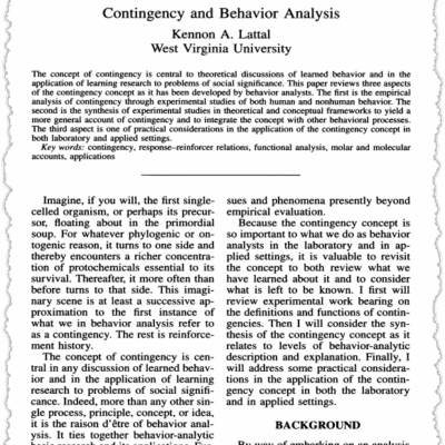 A scanned academic article titled "Contingency and Behavior Analysis" by Kennon A. Lattal, West Virginia University, from The Behavior Analyst (1995), featuring an introduction and the first paragraph of the background section on contingency in behavior analysis.