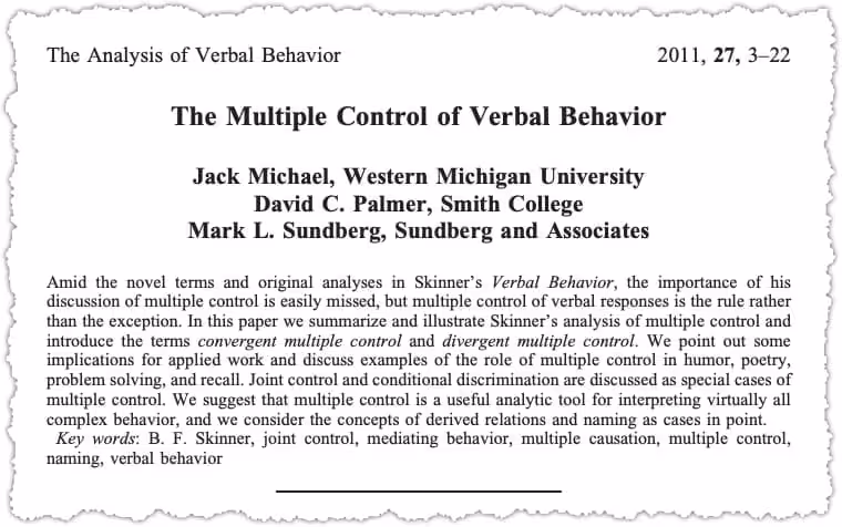 A journal article titled "The Multiple Control of Verbal Behavior" by Jack Michael, David C. Palmer, and Mark L. Sundberg discusses various types of multiple control in verbal behavior analysis.