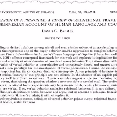 A journal article titled "Data in Search of a Principle: A Review of Relational Frame Theory" by David C. Palmer, discussing relational frame theory and its implications for behaviorism and human language. Text and abstract are visible.