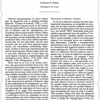 A black-and-white journal page titled "Observation and Theory in Behavior Analysis" by Charles P. Shimp. The text discusses mental representations, analysis, and scientific methods in behavioral research.