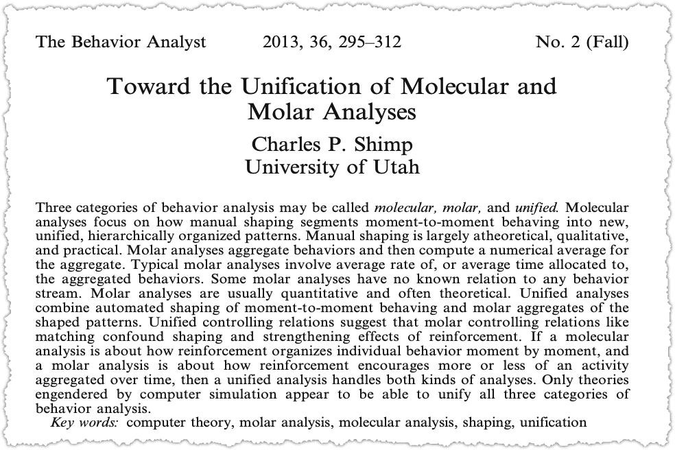 A scholarly journal article titled "Toward the Unification of Molecular and Molar Analyses" by Charles P. Shimp discusses integrating molecular analyses and molar analyses approaches in behavior analysis, aiming for unification in understanding behavior.