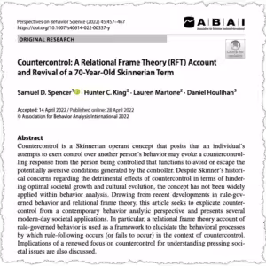 A journal article titled "Countercontrol: A Relational Frame Theory (RFT) Account and Revival of a 70-Year-Old Skinnerian Term" is shown, with authors and publication details at the top and an abstract below.