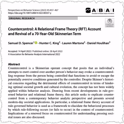 A journal article titled "Countercontrol: A Relational Frame Theory (RFT) Account and Revival of a 70-Year-Old Skinnerian Term" is shown, with authors and publication details at the top and an abstract below.