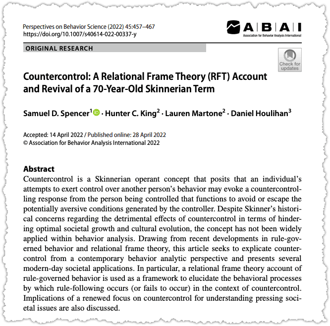A journal article titled "Countercontrol: A Relational Frame Theory (RFT) Account and Revival of a 70-Year-Old Skinnerian Term" is shown, with authors and publication details at the top and an abstract below.