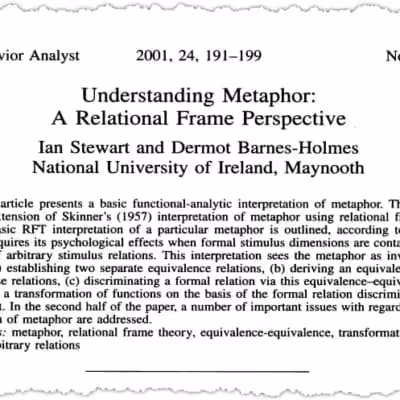 A journal article titled "Understanding Metaphor: A Relational Frame Perspective" by Ian Stewart and Dermot Barnes-Holmes, discussing an RFT-based approach to metaphor in The Behavior Analyst, Fall 2001 issue.