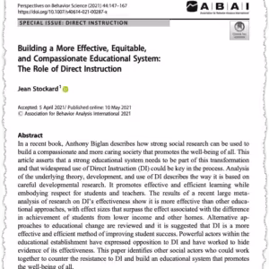 Screenshot of an academic paper titled “Building a More Effective, Equitable, and Compassionate Educational System: The Role of Direct Instruction,” by Jean Stockard, with the abstract visible, discussing equitable education through Direct Instruction.