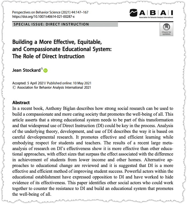 Screenshot of an academic paper titled “Building a More Effective, Equitable, and Compassionate Educational System: The Role of Direct Instruction,” by Jean Stockard, with the abstract visible, discussing equitable education through Direct Instruction.