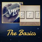 Split image with "VB" on a tin can phone and "RFT" as framed letters in a gallery; text below reads "The Basics" from the Focus Pack, set against a starry background.