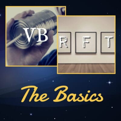 Split image with "VB" on a tin can phone and "RFT" as framed letters in a gallery; text below reads "The Basics" from the Focus Pack, set against a starry background.